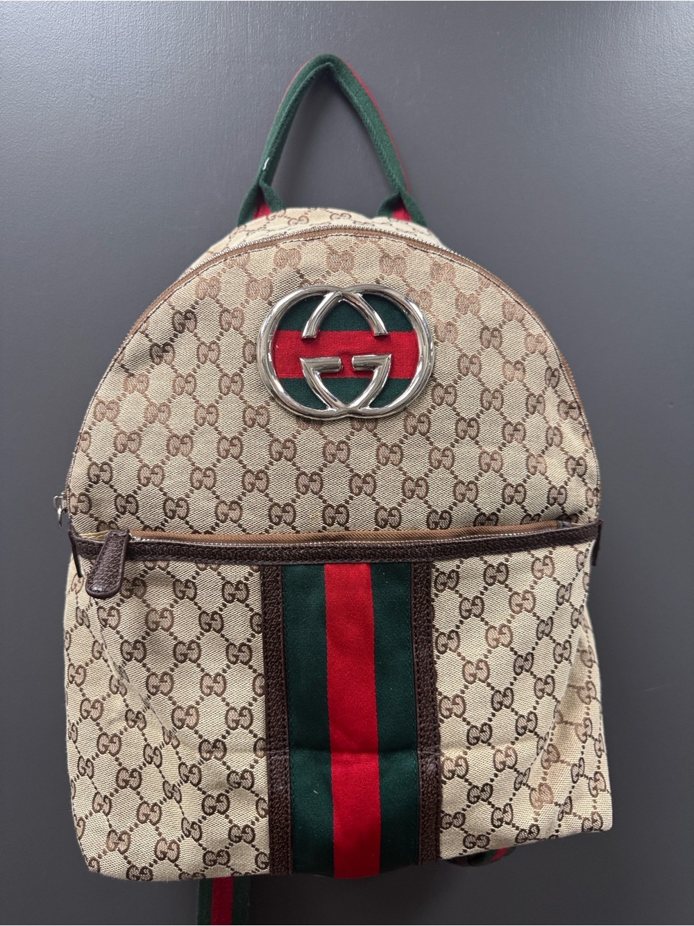 Source Unknown GG Beige Canvas Backpack with Red and Green Stripe-READ